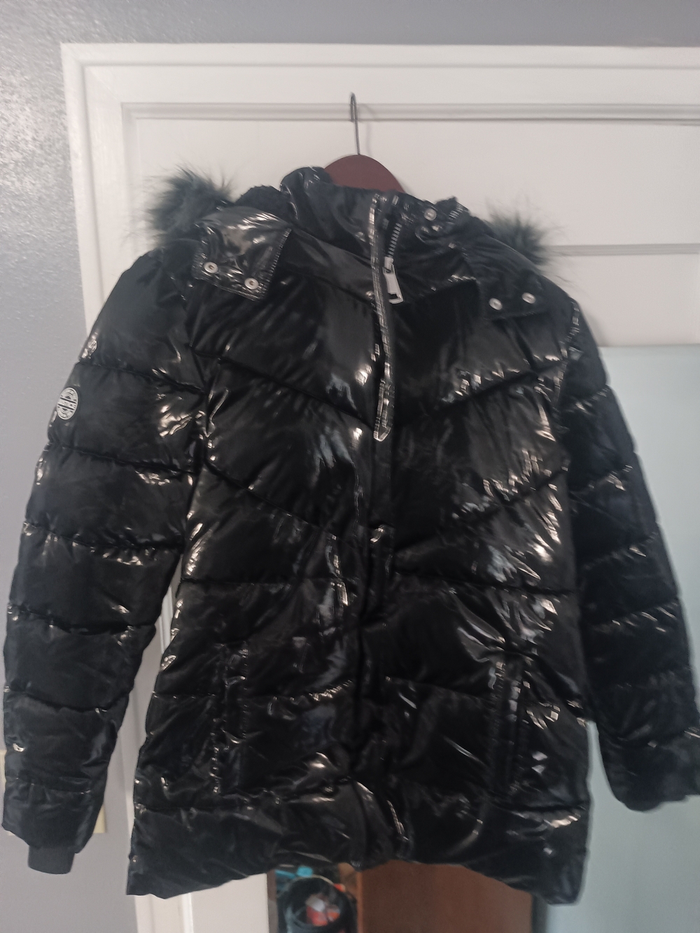 Justice Black Shiny Puffer Coat with Faux-Fur Trim